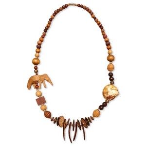 Vintage Wood Beads with Carved Elephant African Necklace Seashell Coconut Shell